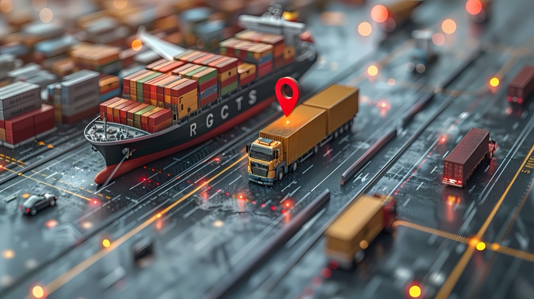 Cargo ship, trucks and a tracking pin on a global shipping route